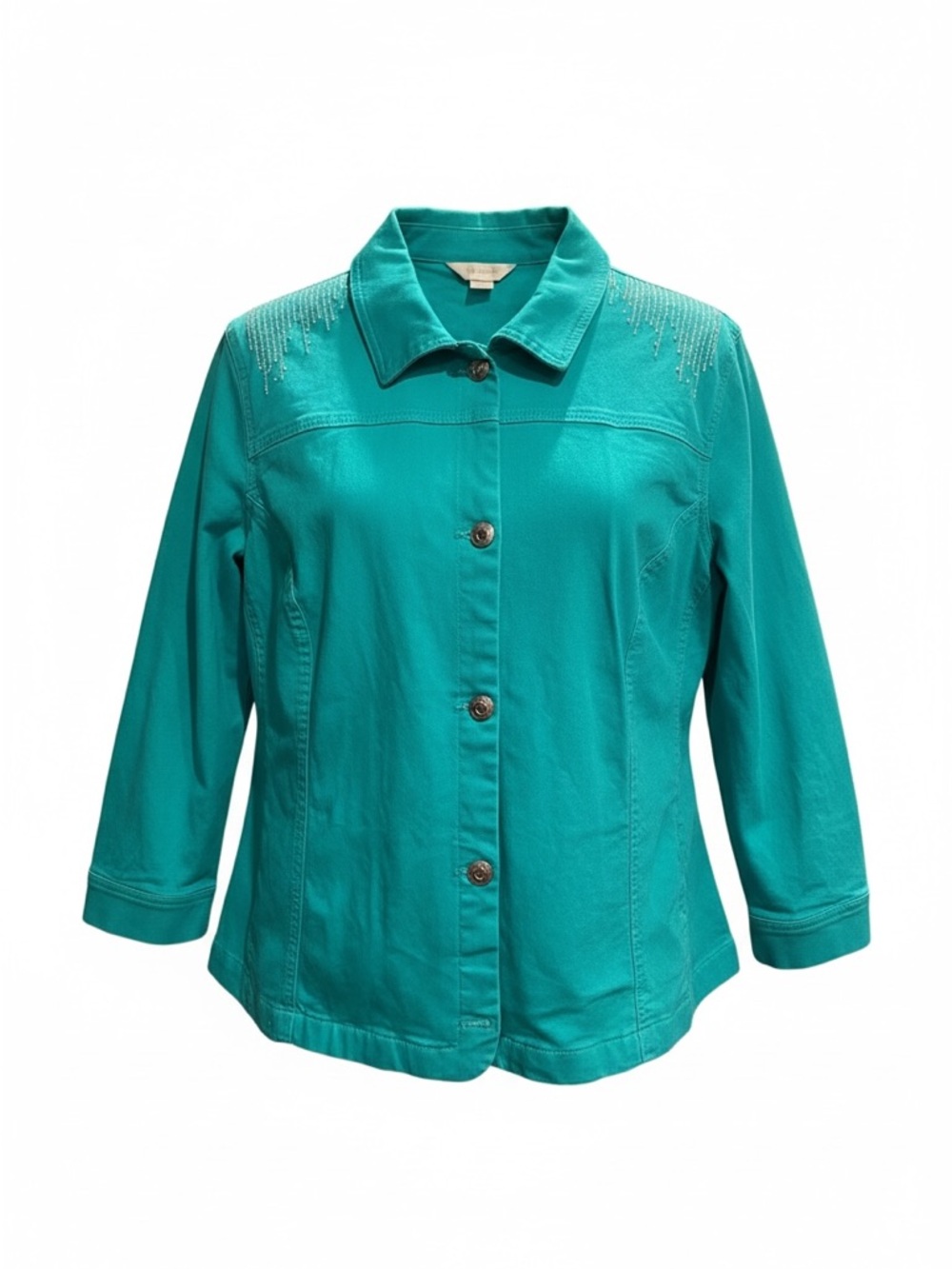 CJ Banks Turquoise Embellished Button-Front Women’s Lightweight Denim Jacket - Picture 3 of 11